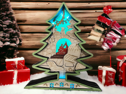 Caja de sombras 3D iluminada con árbol de Navidad