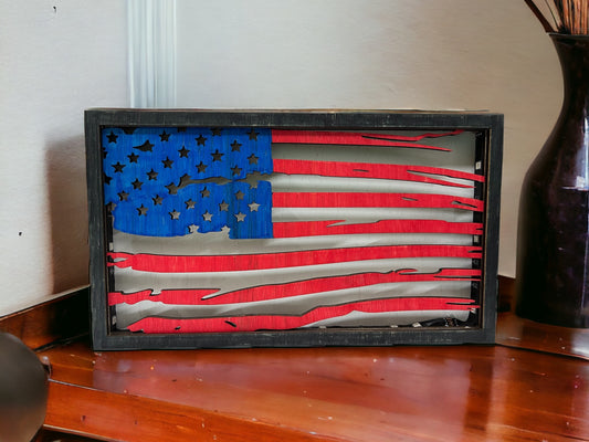Caja de sombras 3D iluminada con bandera estadounidense