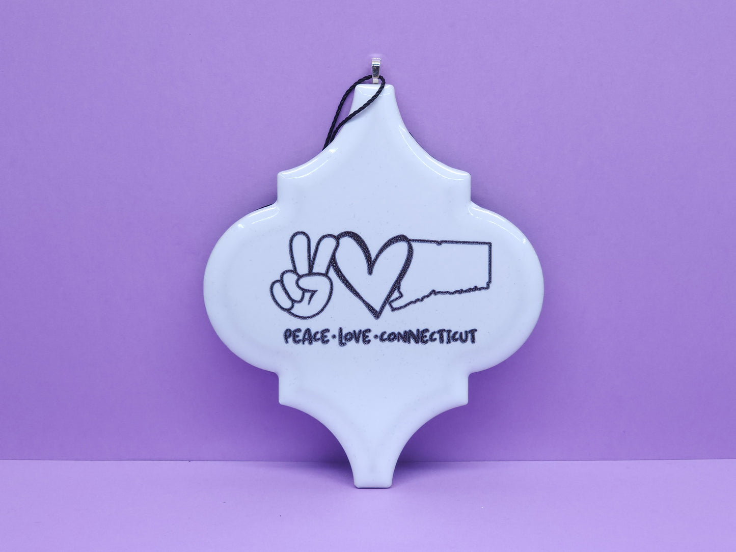 "Peace - Love - Connecticut " Ink-Filled Arabesque Ornament