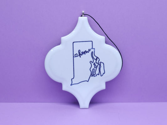 State Outline "Rhode Island Home" Ink-Filled Arabesque Ornament