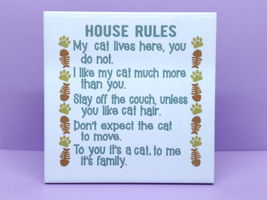 Azulejo cerámico decorativo Cat "Reglas de la casa" 6x6